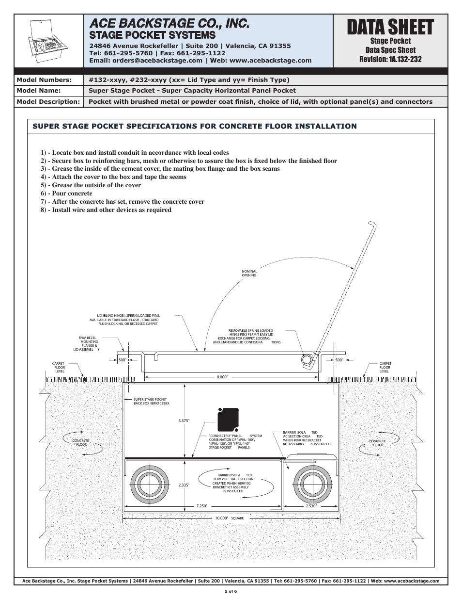 Data sheet, Ace backstage co., inc, Stage pocket systems | ACE BACKSTAGE Super Stage Pocket User Manual | Page 5 / 6