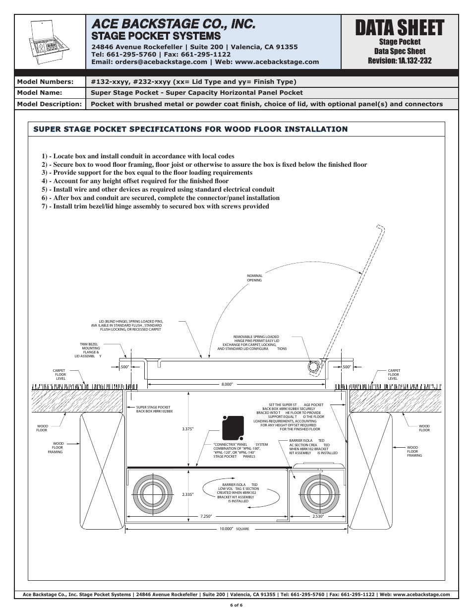 Data sheet, Ace backstage co., inc, Stage pocket systems | ACE BACKSTAGE Super Stage Pocket User Manual | Page 6 / 6