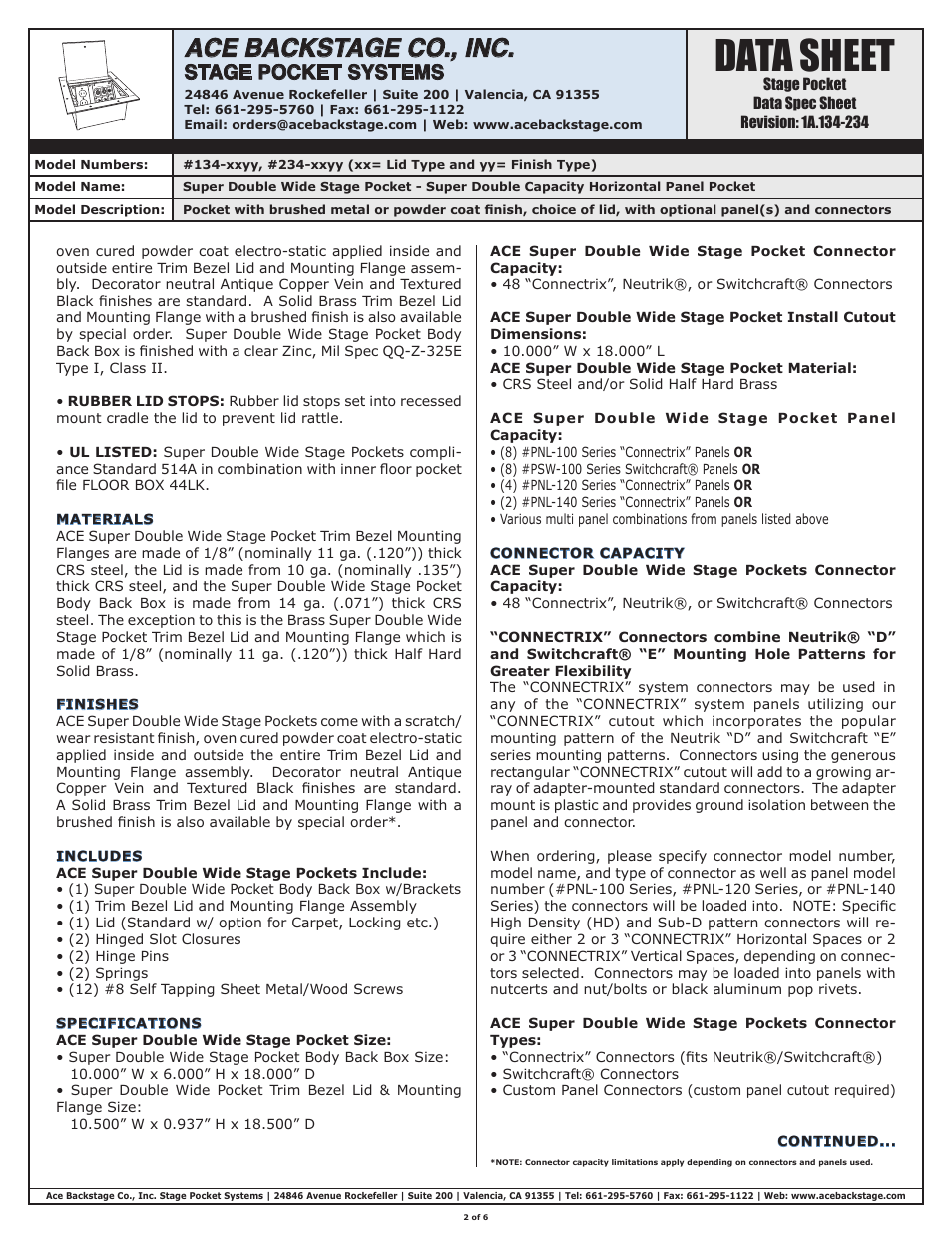 Data sheet, Ace backstage co., inc, Stage pocket systems | ACE BACKSTAGE Super Double Wide Stage Pocket User Manual | Page 2 / 6