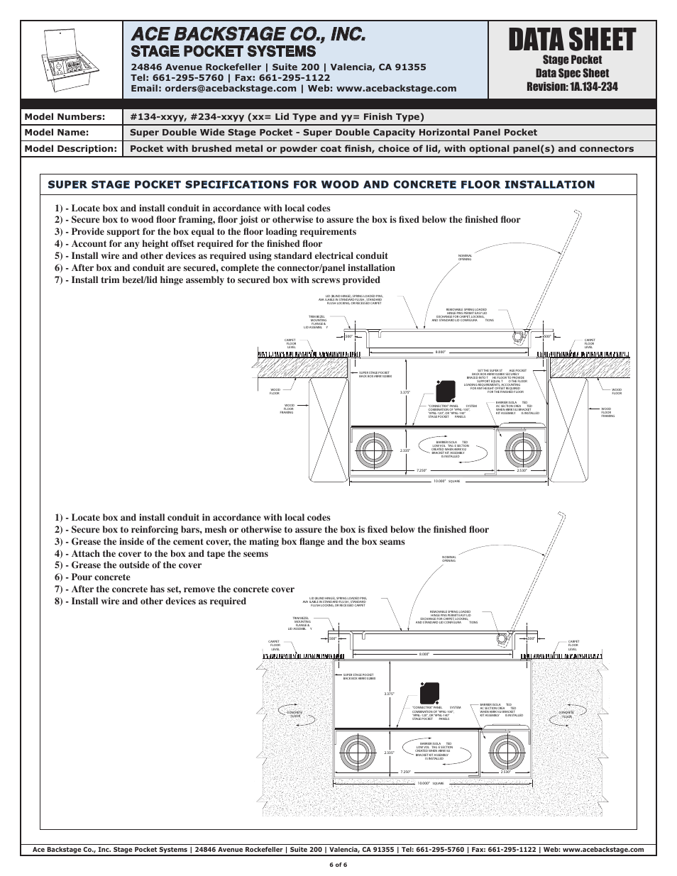 Data sheet, Ace backstage co., inc, Stage pocket systems | ACE BACKSTAGE Super Double Wide Stage Pocket User Manual | Page 6 / 6