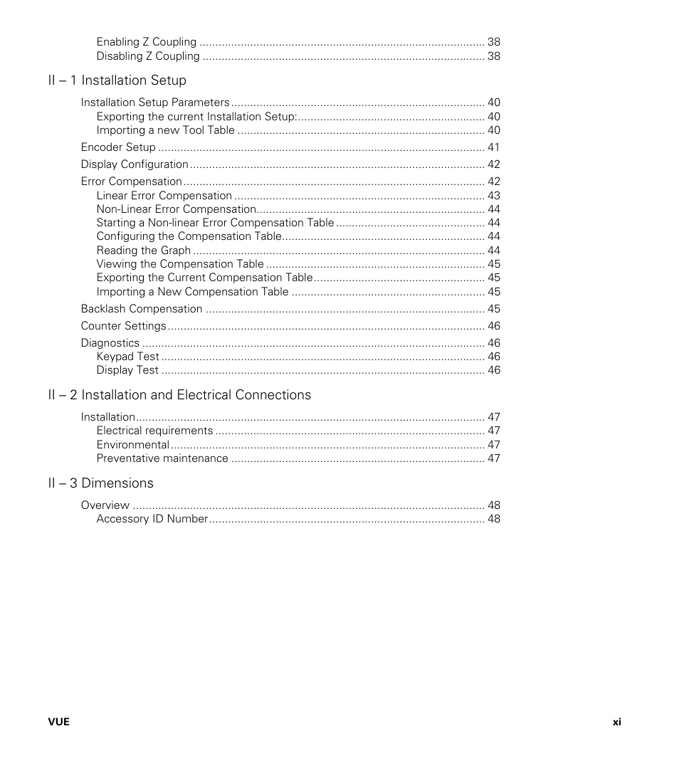 Ii – 1 installation setup, Ii – 2 installation and electrical connections, Ii – 3 dimensions | ACU-RITE VUE READOUTS User Manual | Page 11 / 68