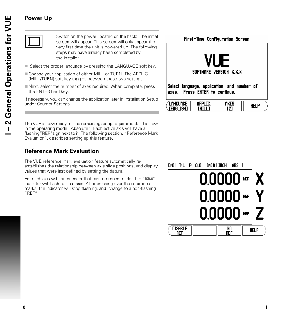 Power up, Reference mark evaluation | ACU-RITE VUE READOUTS User Manual | Page 22 / 68