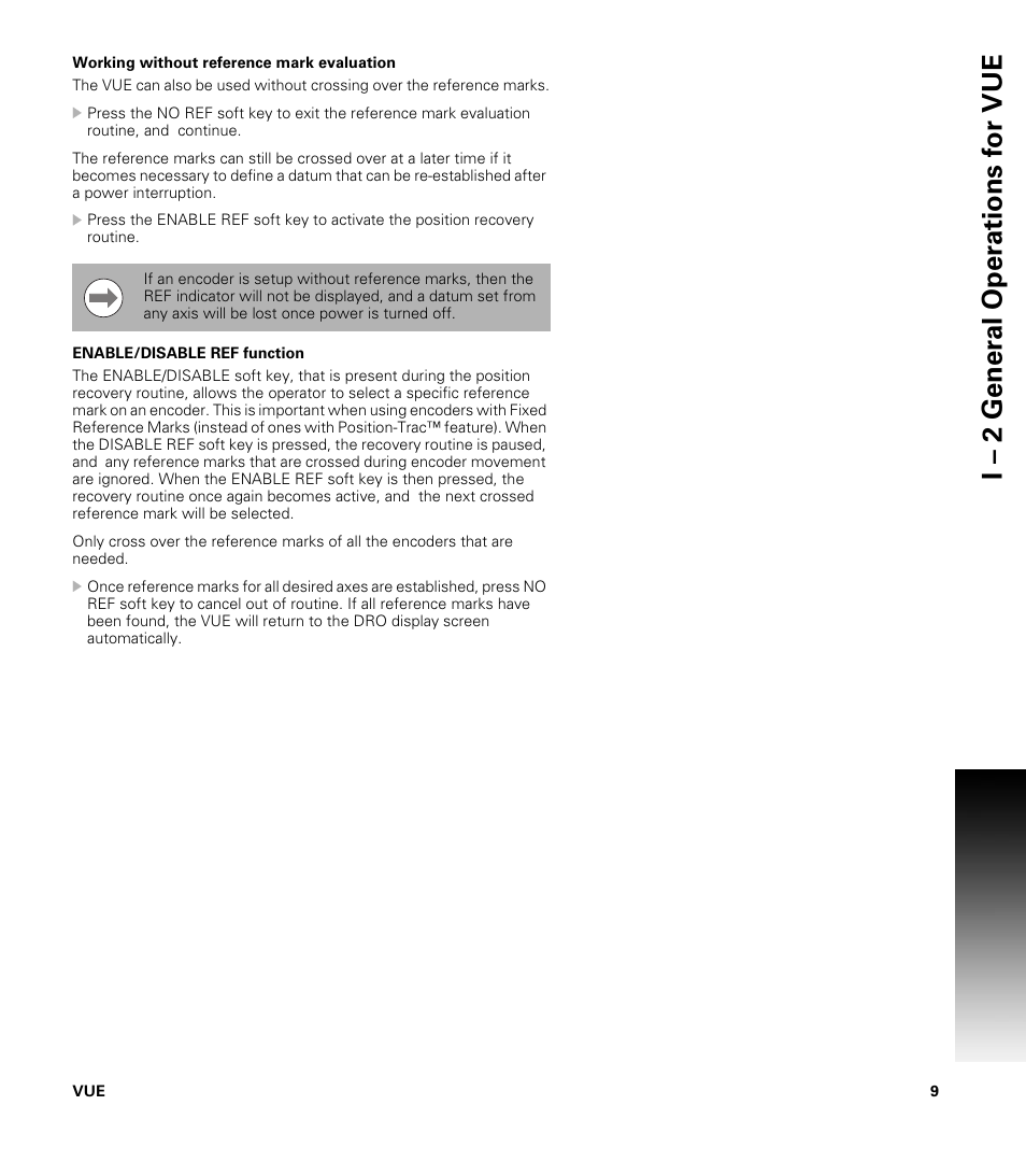 Working without reference mark evaluation, Enable/disable ref function | ACU-RITE VUE READOUTS User Manual | Page 23 / 68
