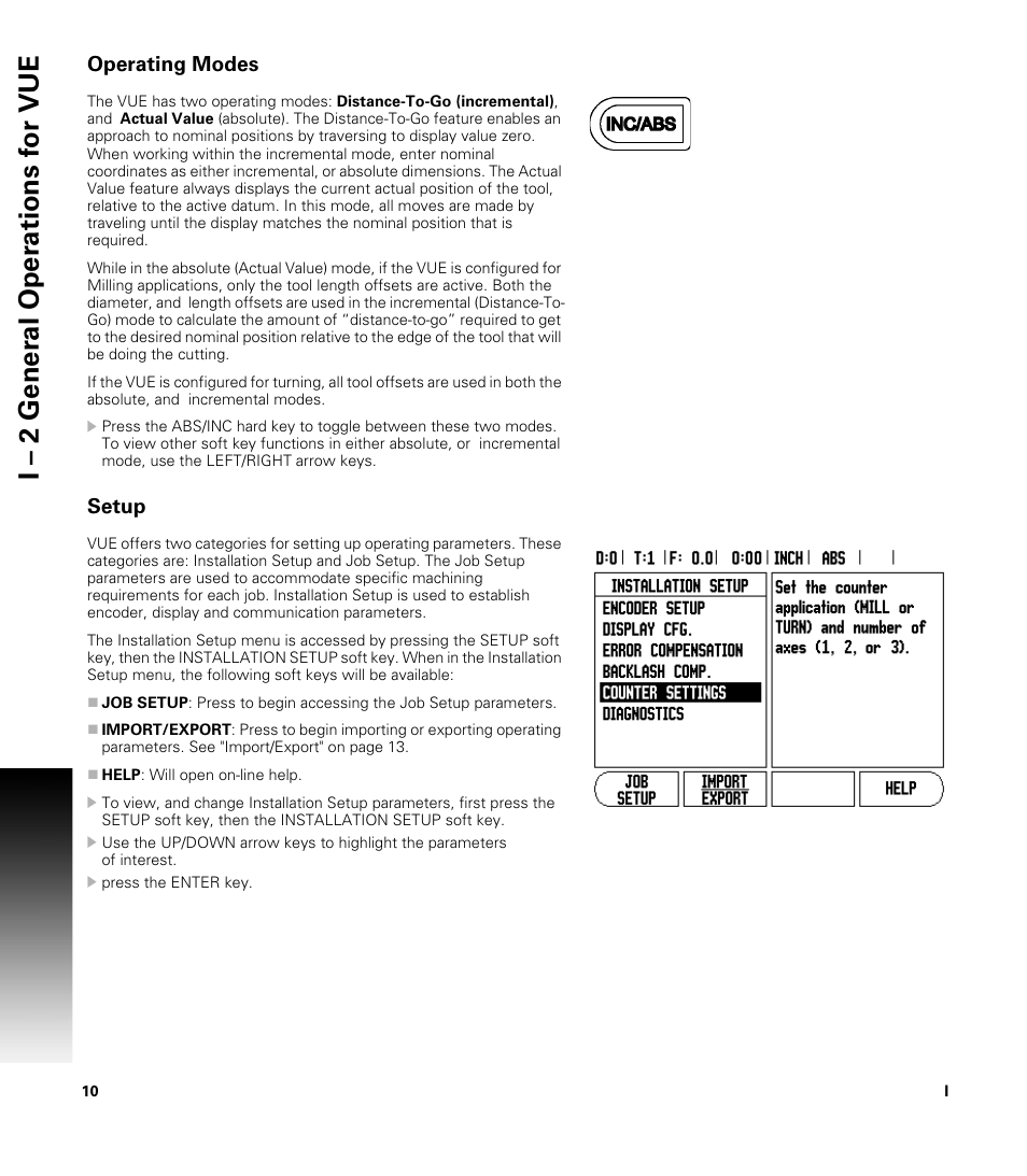Operating modes, Setup | ACU-RITE VUE READOUTS User Manual | Page 24 / 68