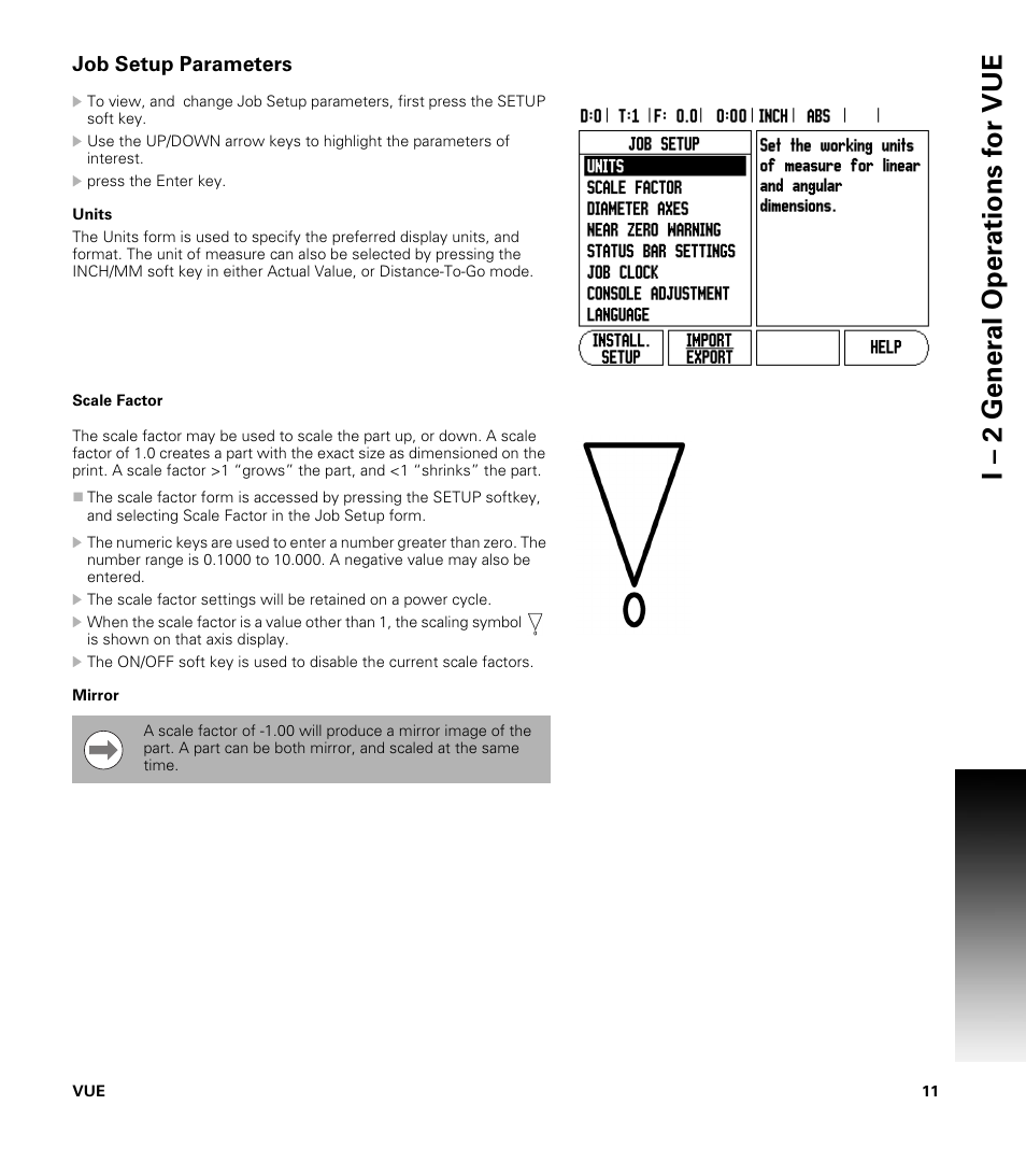 Job setup parameters, Units, Scale factor | Mirror, Units scale factor mirror | ACU-RITE VUE READOUTS User Manual | Page 25 / 68