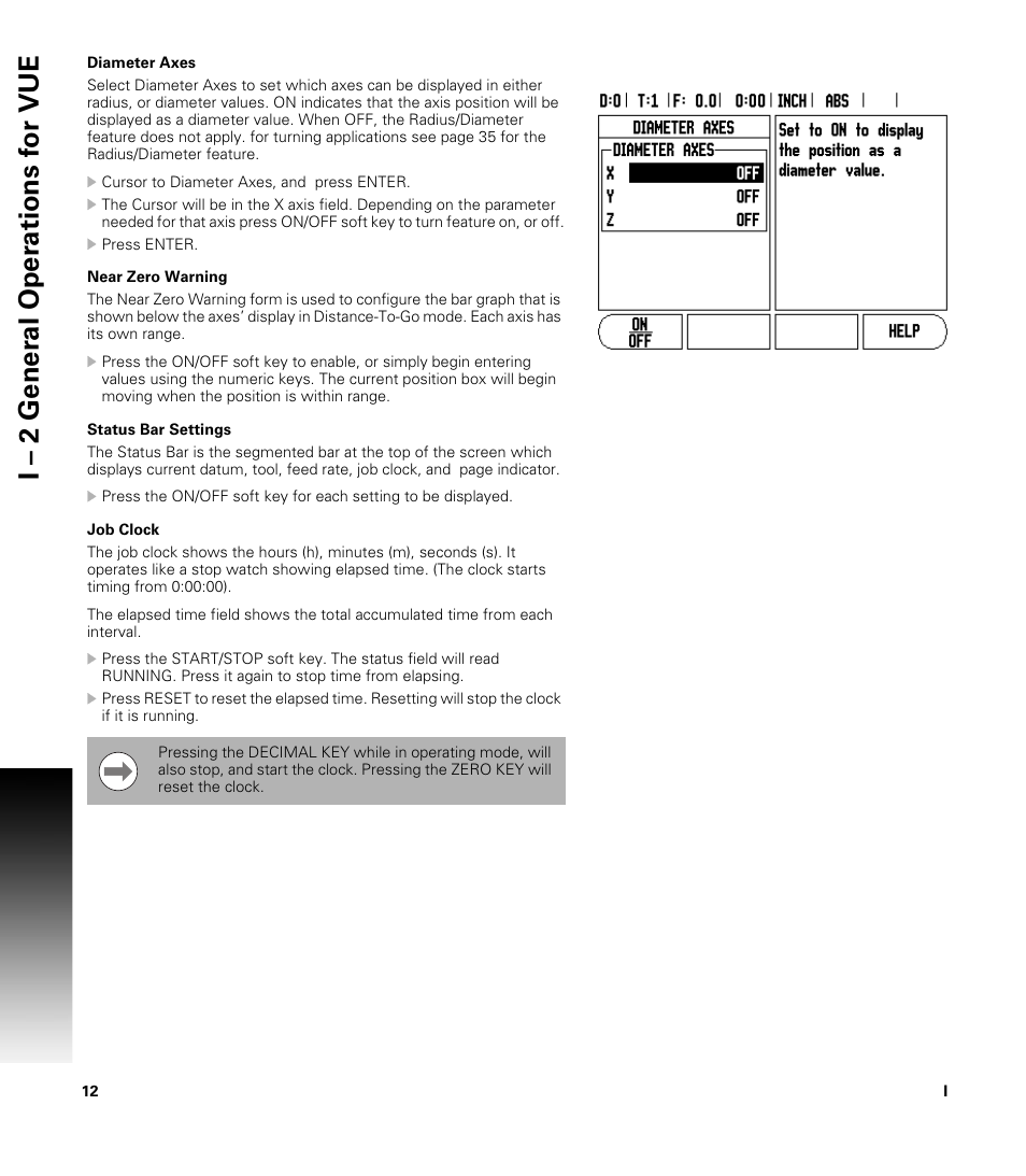 Diameter axes, Near zero warning, Status bar settings | Job clock, Near zero warning status bar settings job clock | ACU-RITE VUE READOUTS User Manual | Page 26 / 68