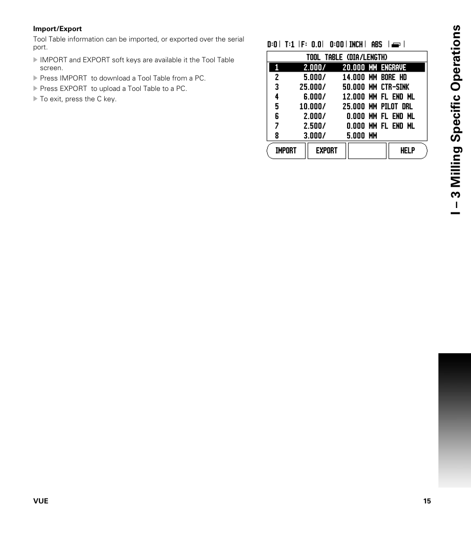 Import/export, I – 3 milling specific oper ations | ACU-RITE VUE READOUTS User Manual | Page 29 / 68