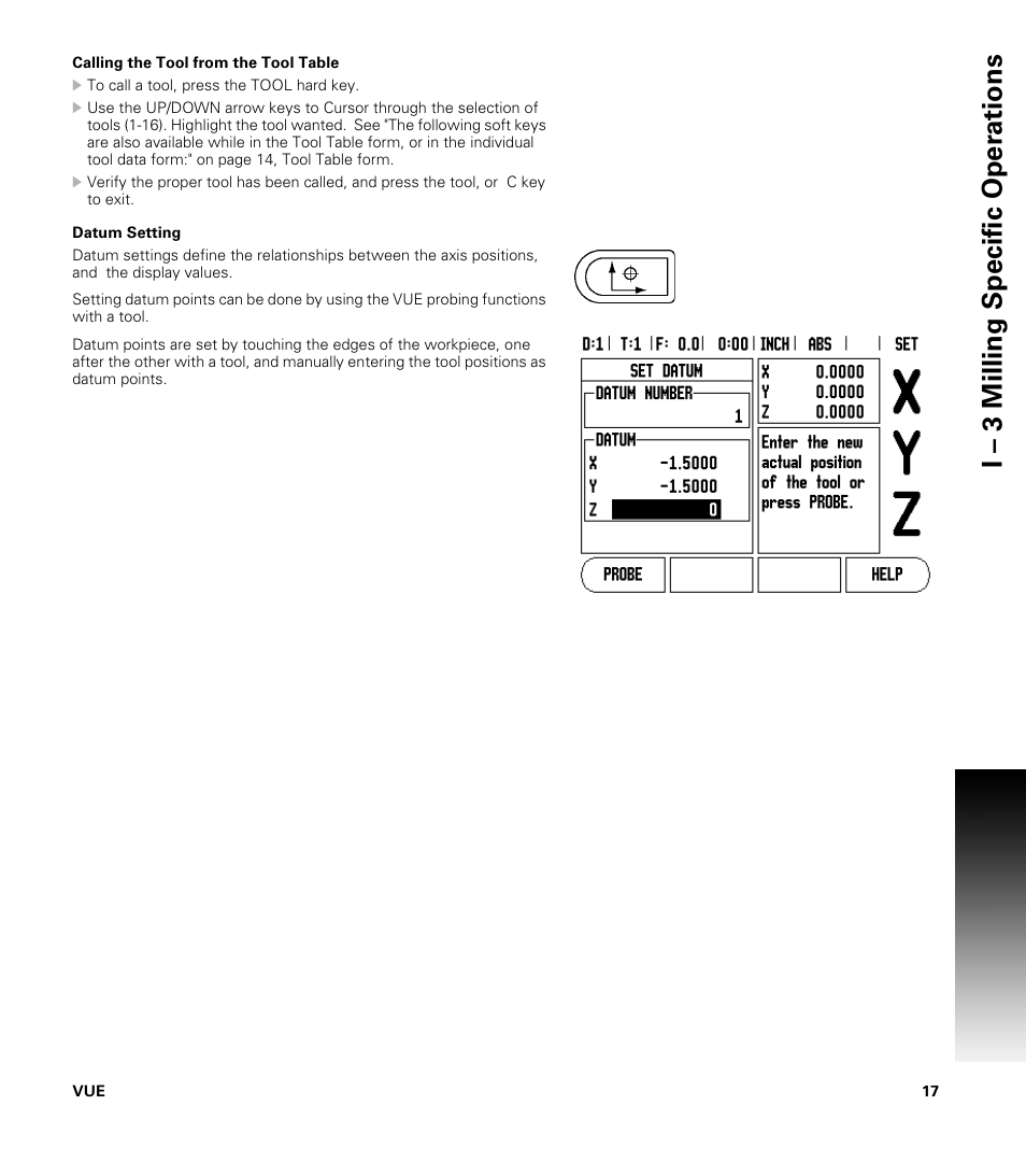 Calling the tool from the tool table, Datum setting, Calling the tool from the tool table datum setting | I – 3 milling specific oper ations | ACU-RITE VUE READOUTS User Manual | Page 31 / 68