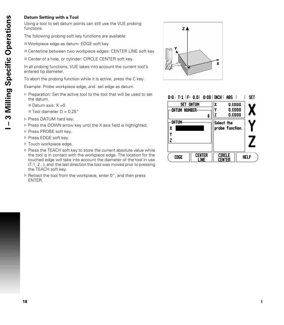 Datum setting with a tool, I – 3 milling specific oper ations | ACU-RITE VUE READOUTS User Manual | Page 32 / 68