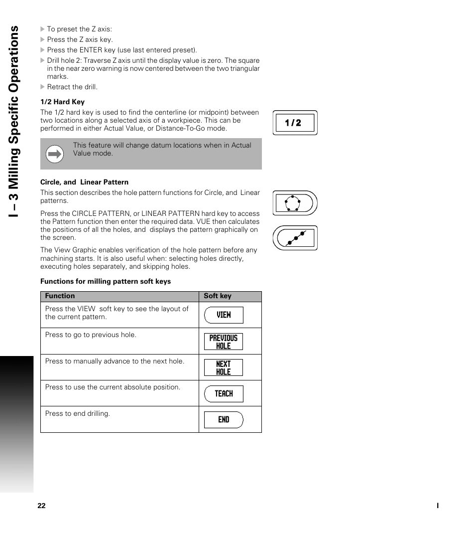 1/2 hard key, Circle, and linear pattern, Functions for milling pattern soft keys | I – 3 milling specific oper ations | ACU-RITE VUE READOUTS User Manual | Page 36 / 68