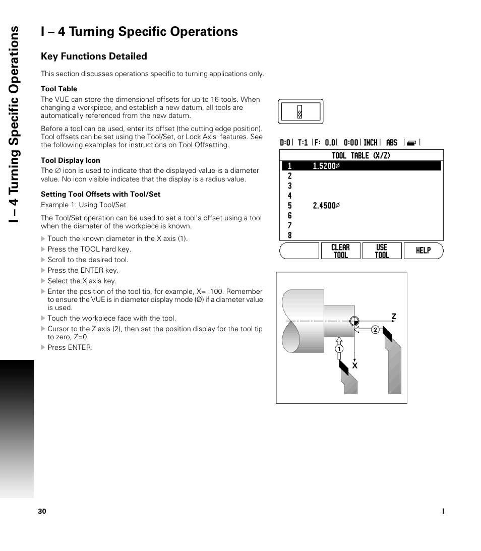 I – 4 turning specific operations, Key functions detailed, Tool table | Tool display icon, Setting tool offsets with tool/set | ACU-RITE VUE READOUTS User Manual | Page 44 / 68