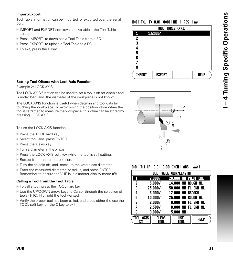 Import/export, Setting tool offsets with lock axis function, Calling a tool from the tool table | I – 4 t u rn ing specific oper ations | ACU-RITE VUE READOUTS User Manual | Page 45 / 68