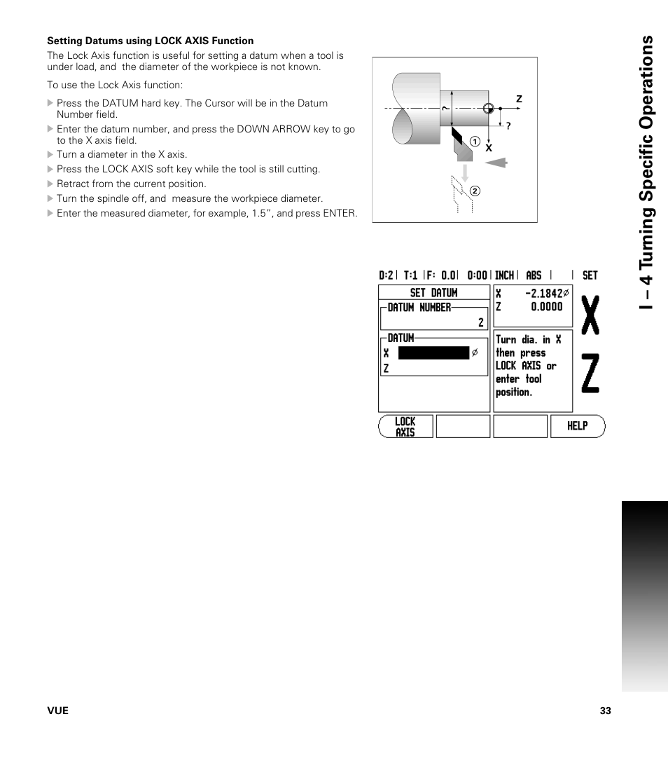 Setting datums using lock axis function, I – 4 t u rn ing specific oper ations | ACU-RITE VUE READOUTS User Manual | Page 47 / 68