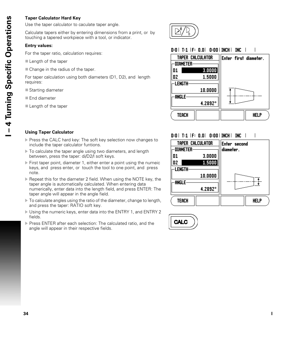 Taper calculator hard key, I – 4 t u rn ing specific oper ations | ACU-RITE VUE READOUTS User Manual | Page 48 / 68