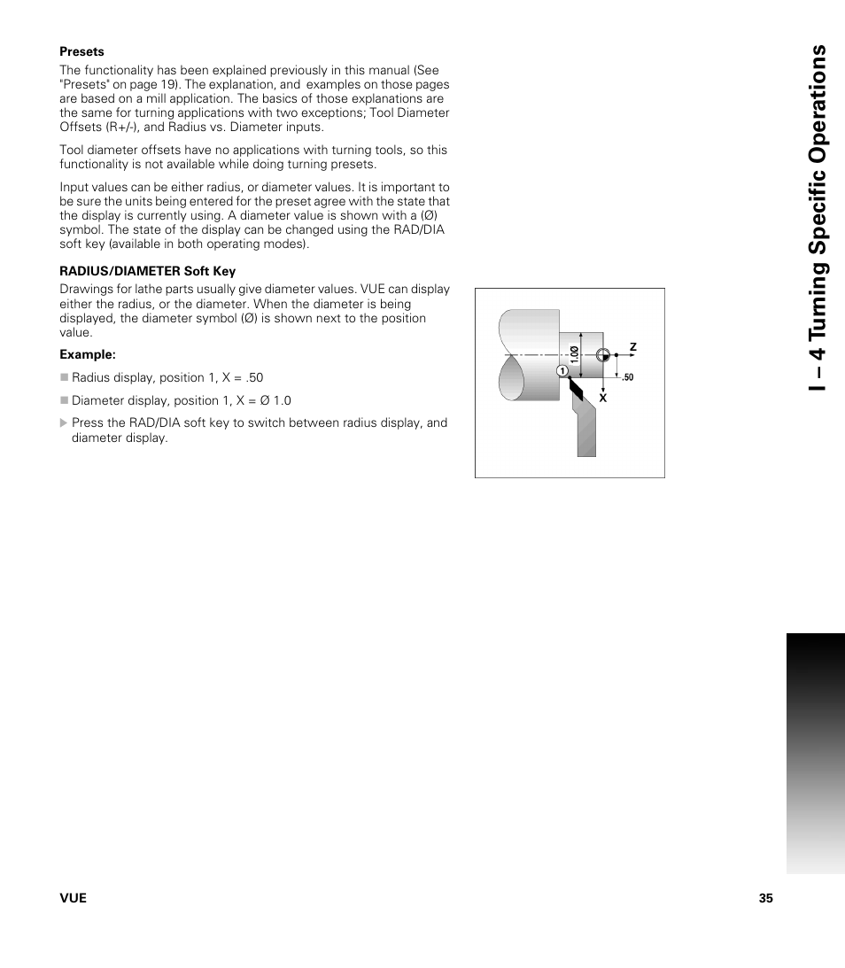 Presets, Radius/diameter soft key, Presets radius/diameter soft key | I – 4 t u rn ing specific oper ations | ACU-RITE VUE READOUTS User Manual | Page 49 / 68