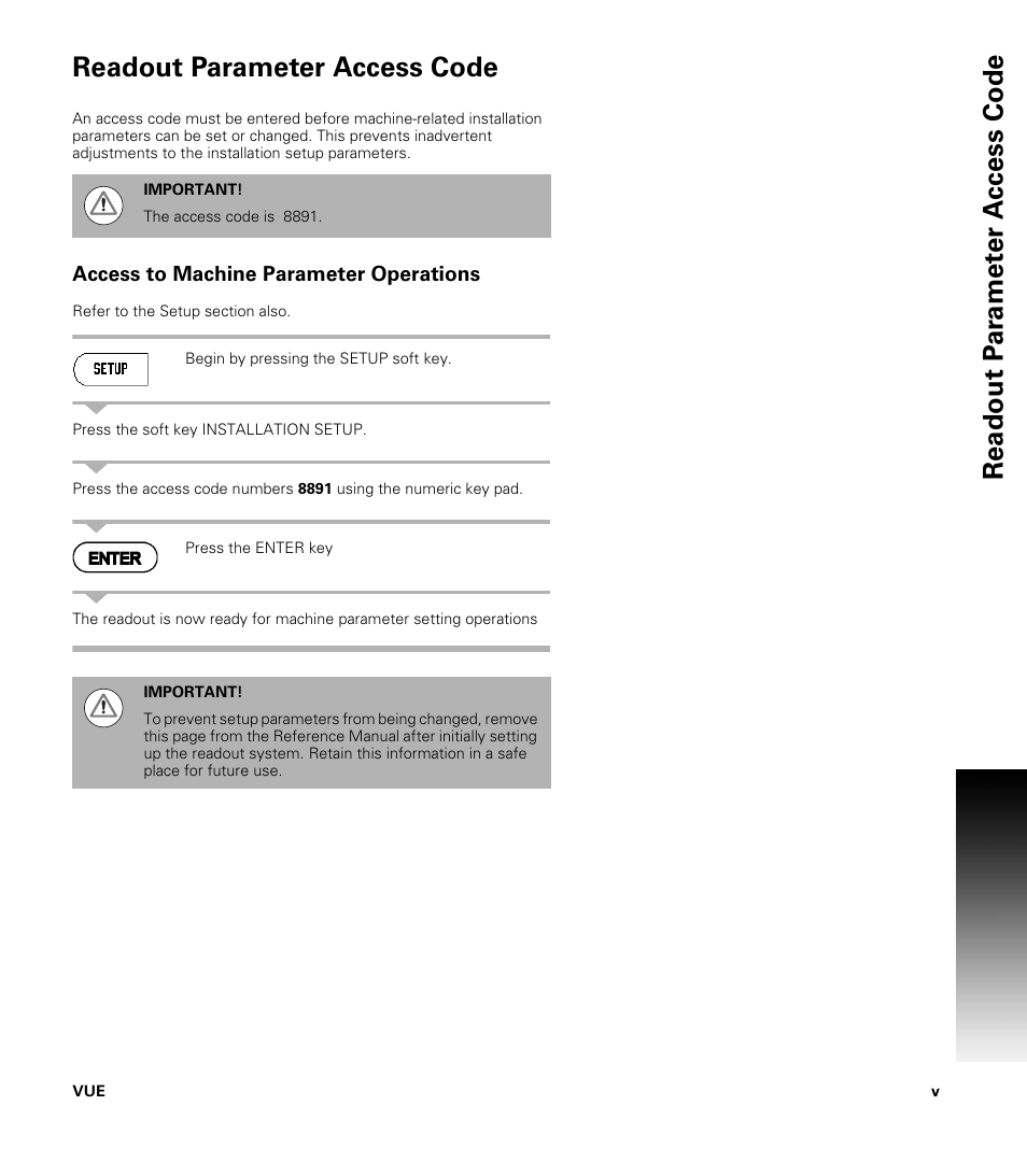 Readout parameter access code, Access to machine parameter operations | ACU-RITE VUE READOUTS User Manual | Page 5 / 68