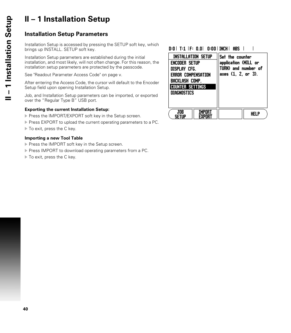 Ii – 1 installation setup, Installation setup parameters, Exporting the current installation setup | Importing a new tool table | ACU-RITE VUE READOUTS User Manual | Page 54 / 68
