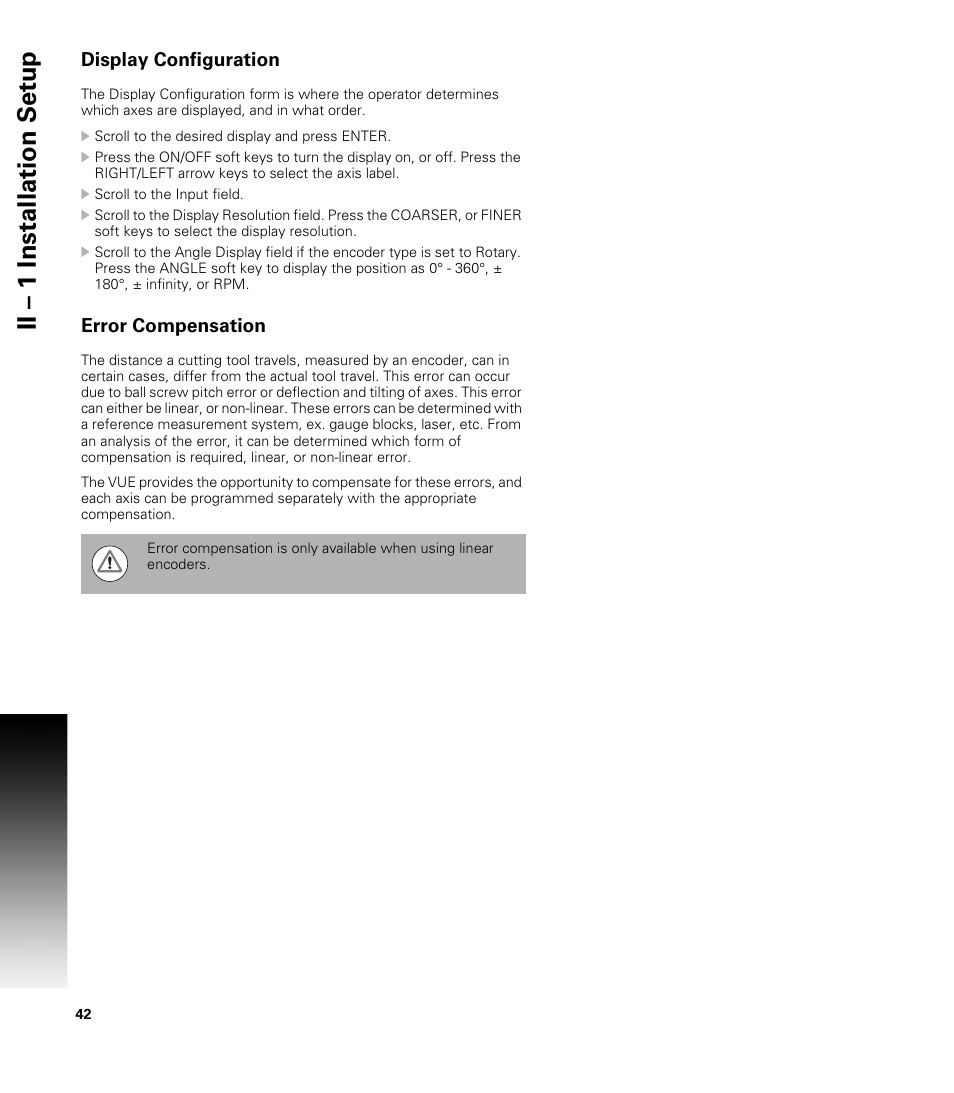 Display configuration, Error compensation, Ii – 1 installation set u p | ACU-RITE VUE READOUTS User Manual | Page 56 / 68