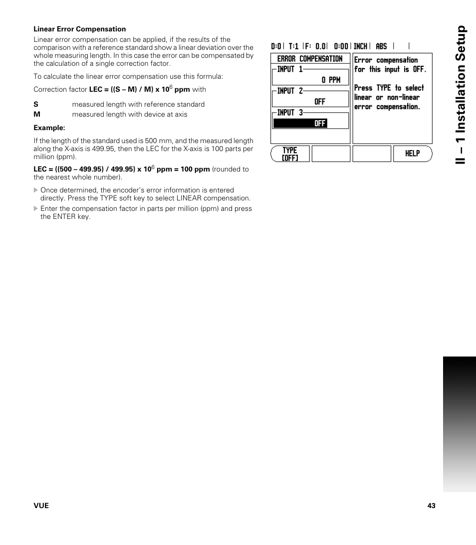 Linear error compensation, Ii – 1 installation set u p | ACU-RITE VUE READOUTS User Manual | Page 57 / 68