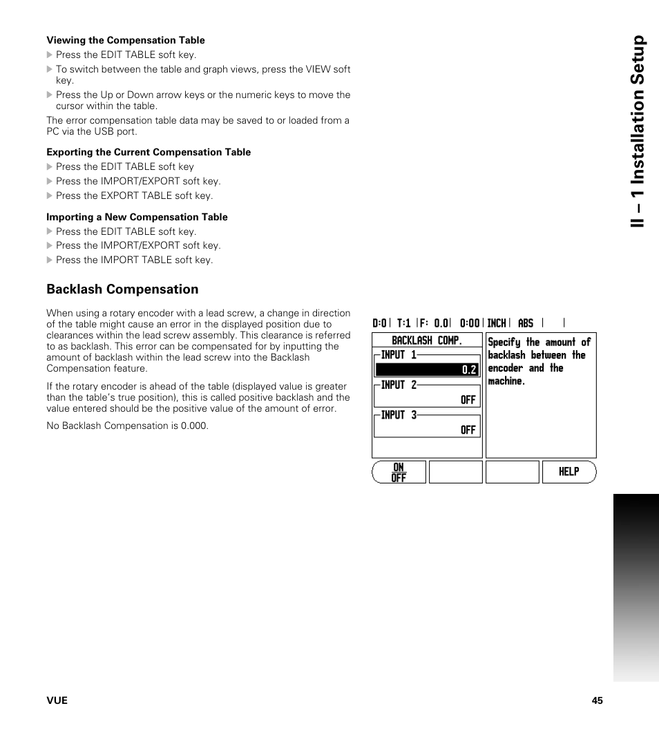 Viewing the compensation table, Exporting the current compensation table, Importing a new compensation table | Backlash compensation, Ii – 1 installation set u p | ACU-RITE VUE READOUTS User Manual | Page 59 / 68