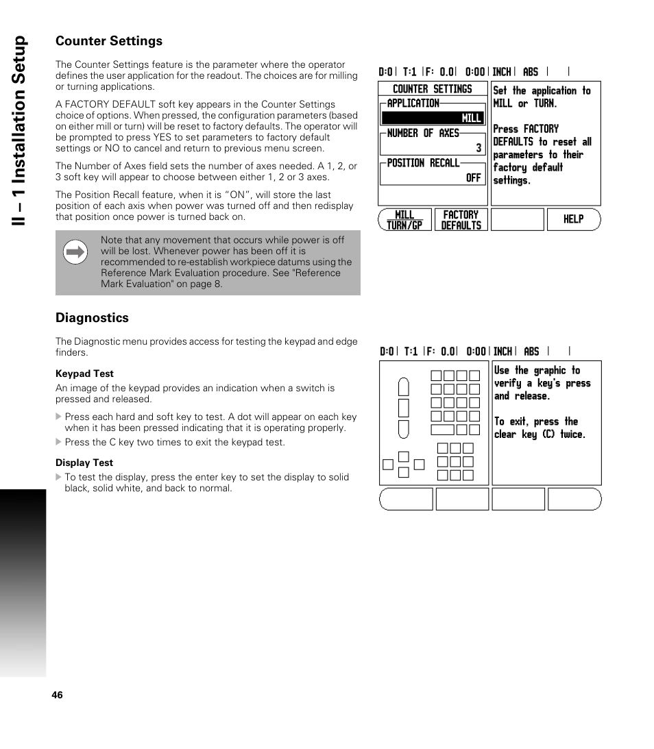 Counter settings, Diagnostics, Keypad test | Display test, Keypad test display test, Ii – 1 installation set u p | ACU-RITE VUE READOUTS User Manual | Page 60 / 68