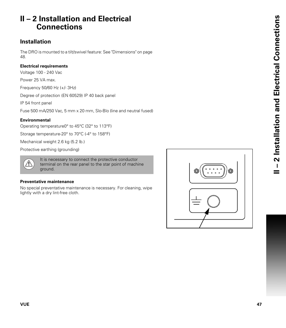 Ii – 2 installation and electrical connections, Installation, Electrical requirements | Environmental, Preventative maintenance | ACU-RITE VUE READOUTS User Manual | Page 61 / 68
