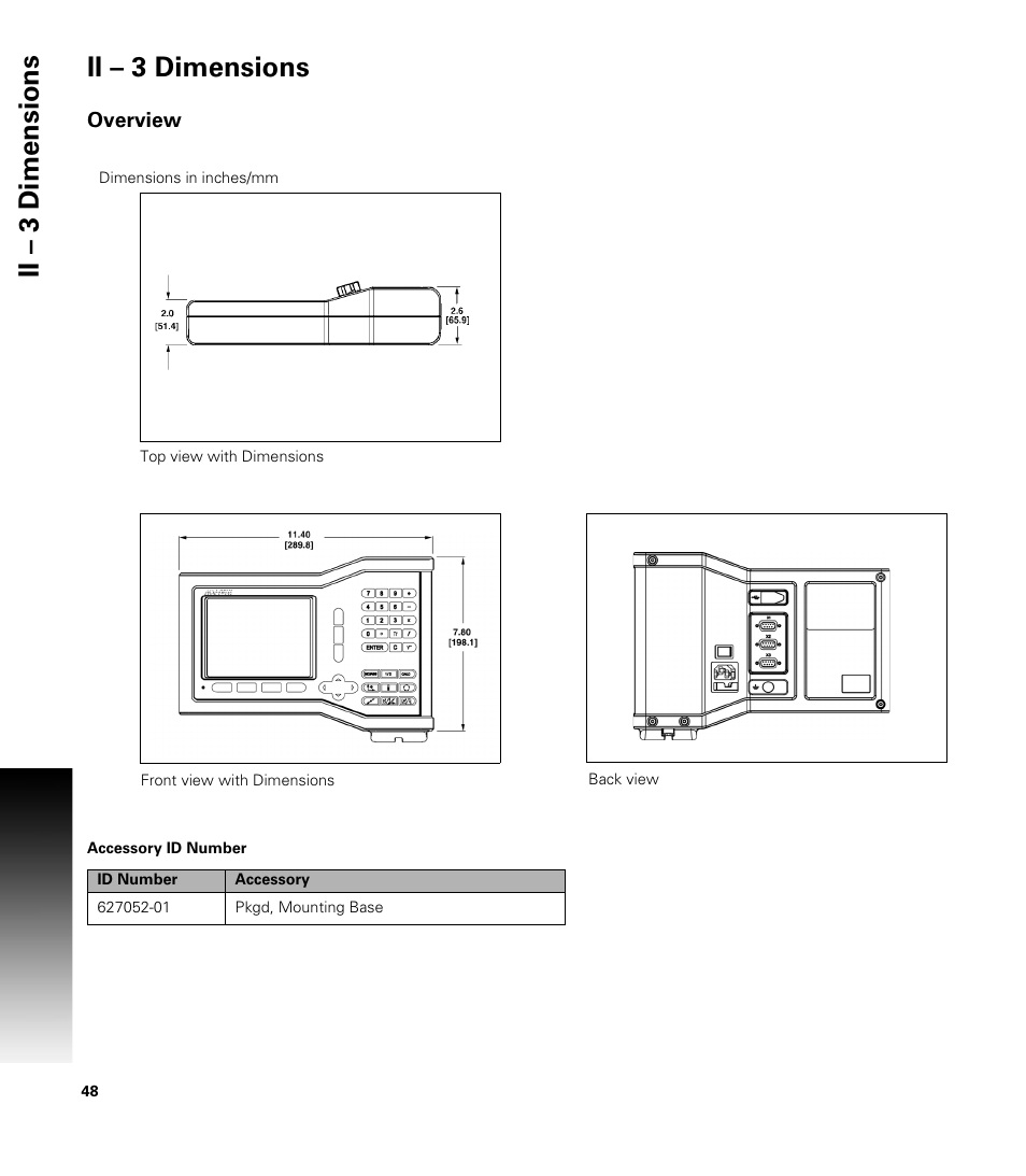 Ii – 3 dimensions, Overview, Accessory id number | ACU-RITE VUE READOUTS User Manual | Page 62 / 68