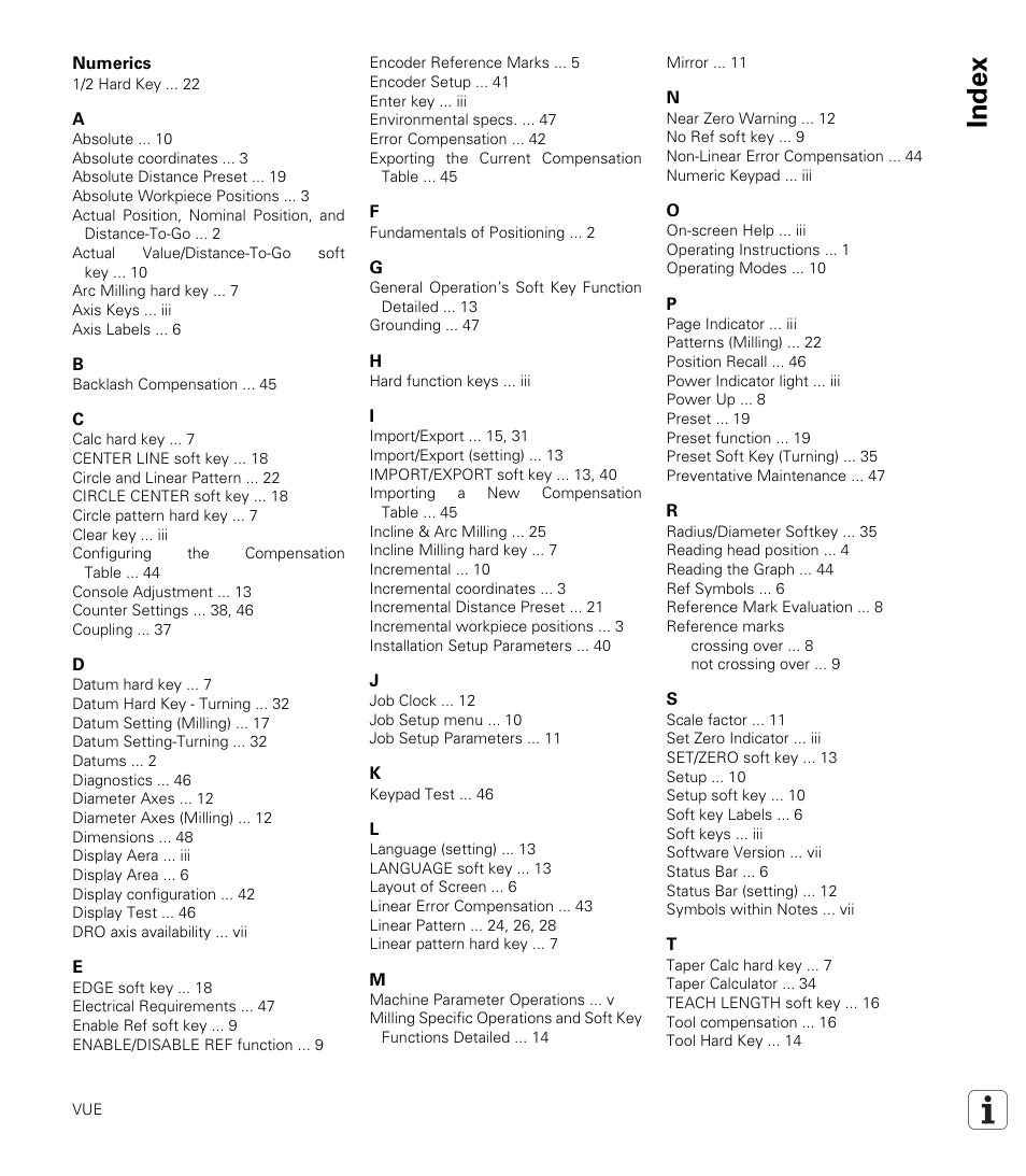 Index | ACU-RITE VUE READOUTS User Manual | Page 65 / 68