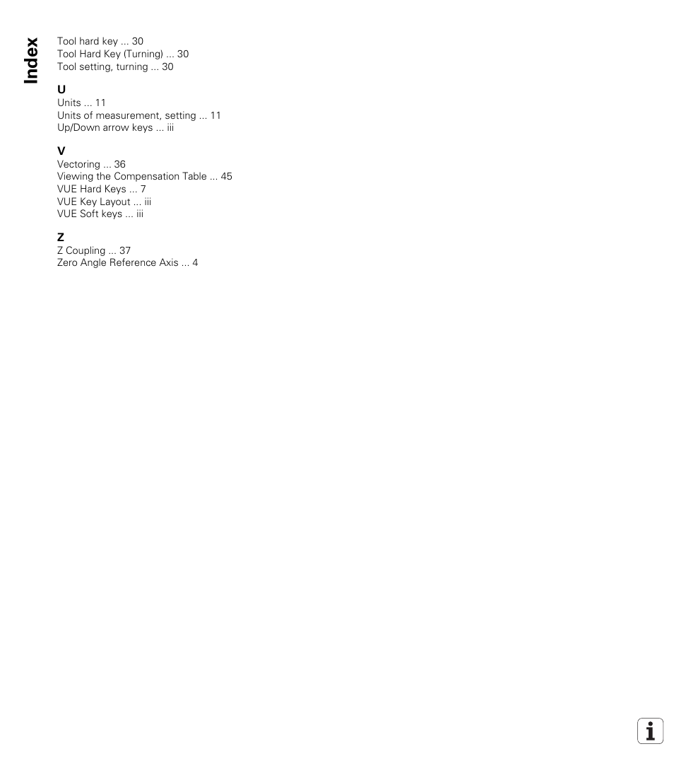 Index | ACU-RITE VUE READOUTS User Manual | Page 66 / 68