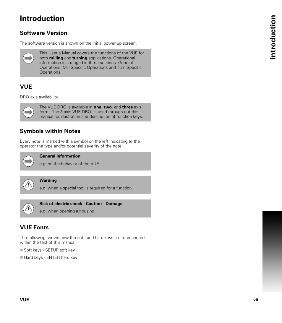 Introduction, Software version, Symbols within notes | Vue fonts, Intr oduction introduction | ACU-RITE VUE READOUTS User Manual | Page 7 / 68