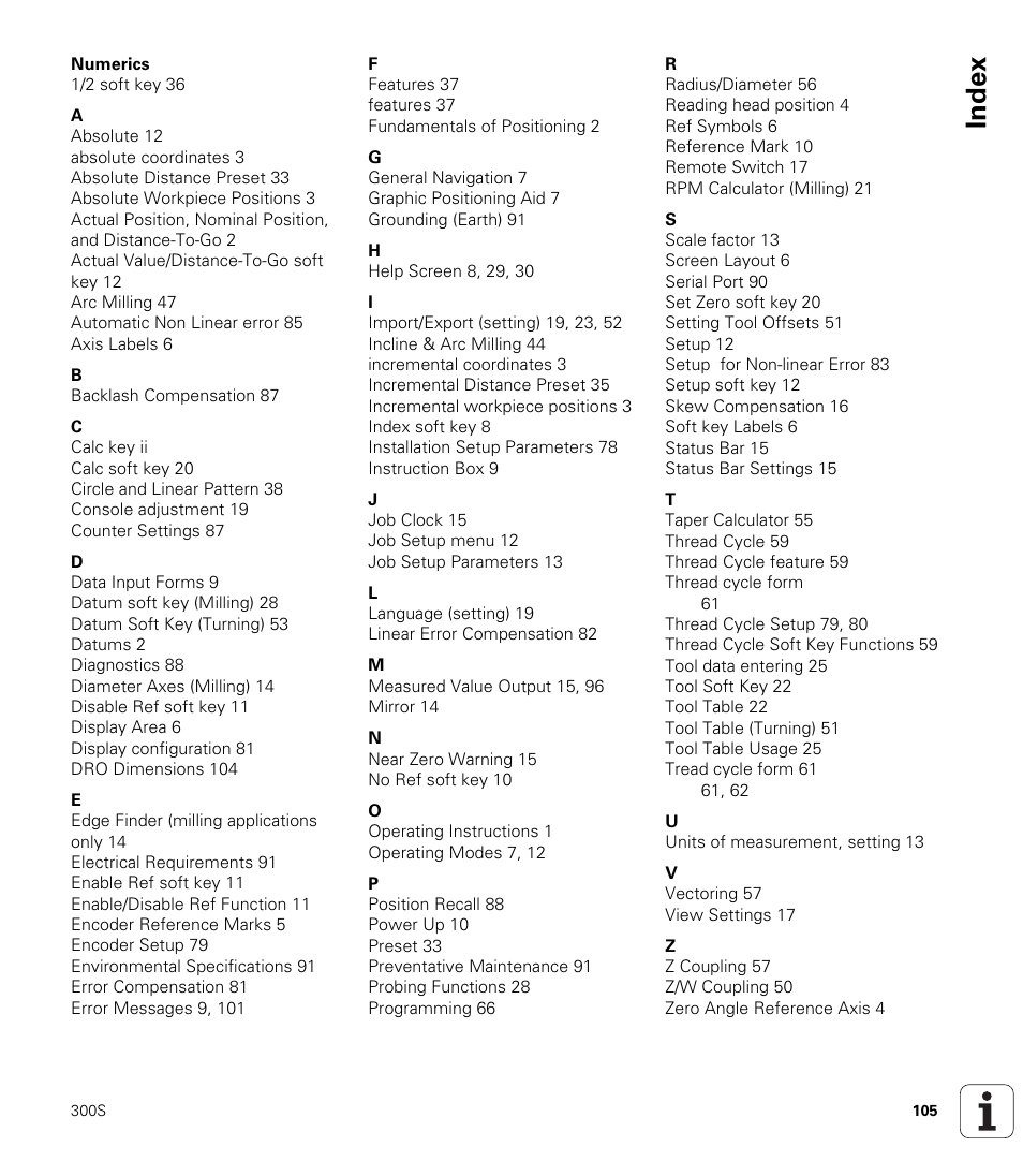Index | ACU-RITE 300S READOUTS User Manual | Page 119 / 122