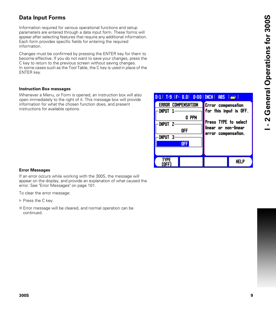 Data input forms, Instruction box messages, Error messages | Instruction box messages error messages | ACU-RITE 300S READOUTS User Manual | Page 23 / 122