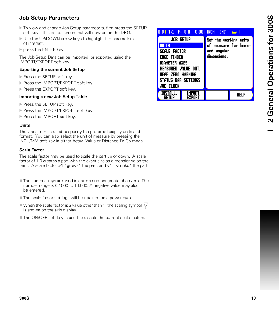 Job setup parameters, Units, Scale factor | Units scale factor | ACU-RITE 300S READOUTS User Manual | Page 27 / 122