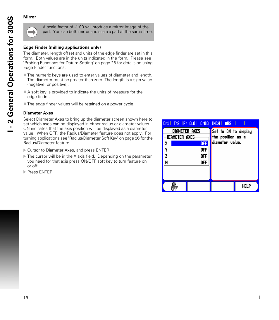 Mirror, Edge finder (milling applications only), Diameter axes | ACU-RITE 300S READOUTS User Manual | Page 28 / 122