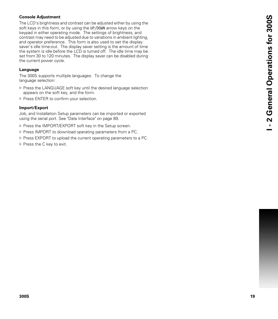 Console adjustment, Language, Import/export | Console adjustment language import/export | ACU-RITE 300S READOUTS User Manual | Page 33 / 122