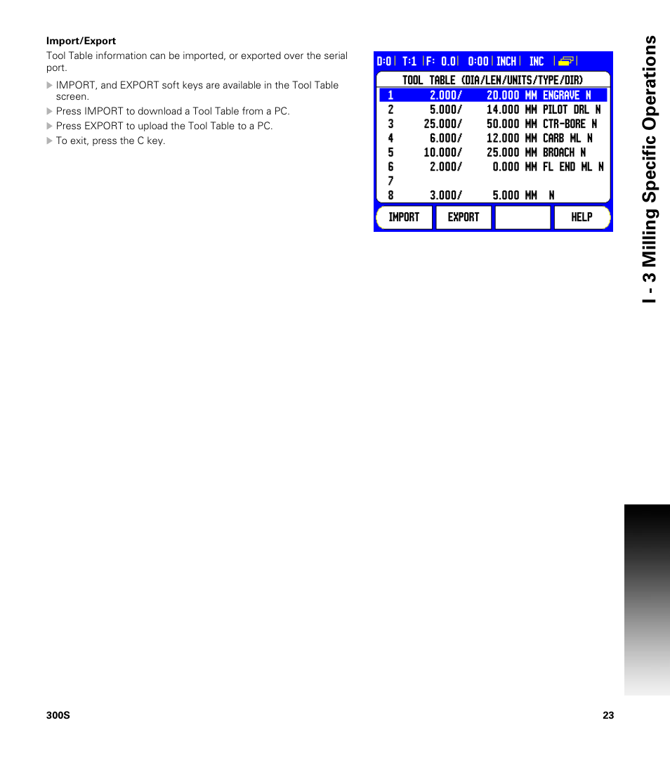 Import/export, I - 3 milling specific oper ations | ACU-RITE 300S READOUTS User Manual | Page 37 / 122