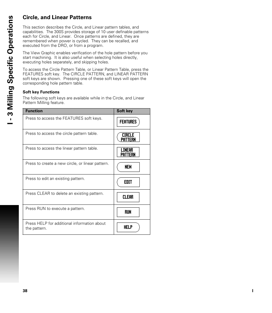 Circle, and linear patterns, Soft key functions, I - 3 milling specific oper ations | ACU-RITE 300S READOUTS User Manual | Page 52 / 122