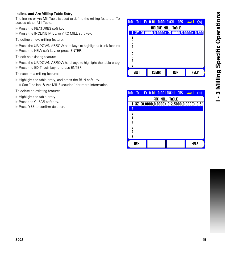 Incline, and arc milling table entry, I - 3 milling specific oper ations | ACU-RITE 300S READOUTS User Manual | Page 59 / 122