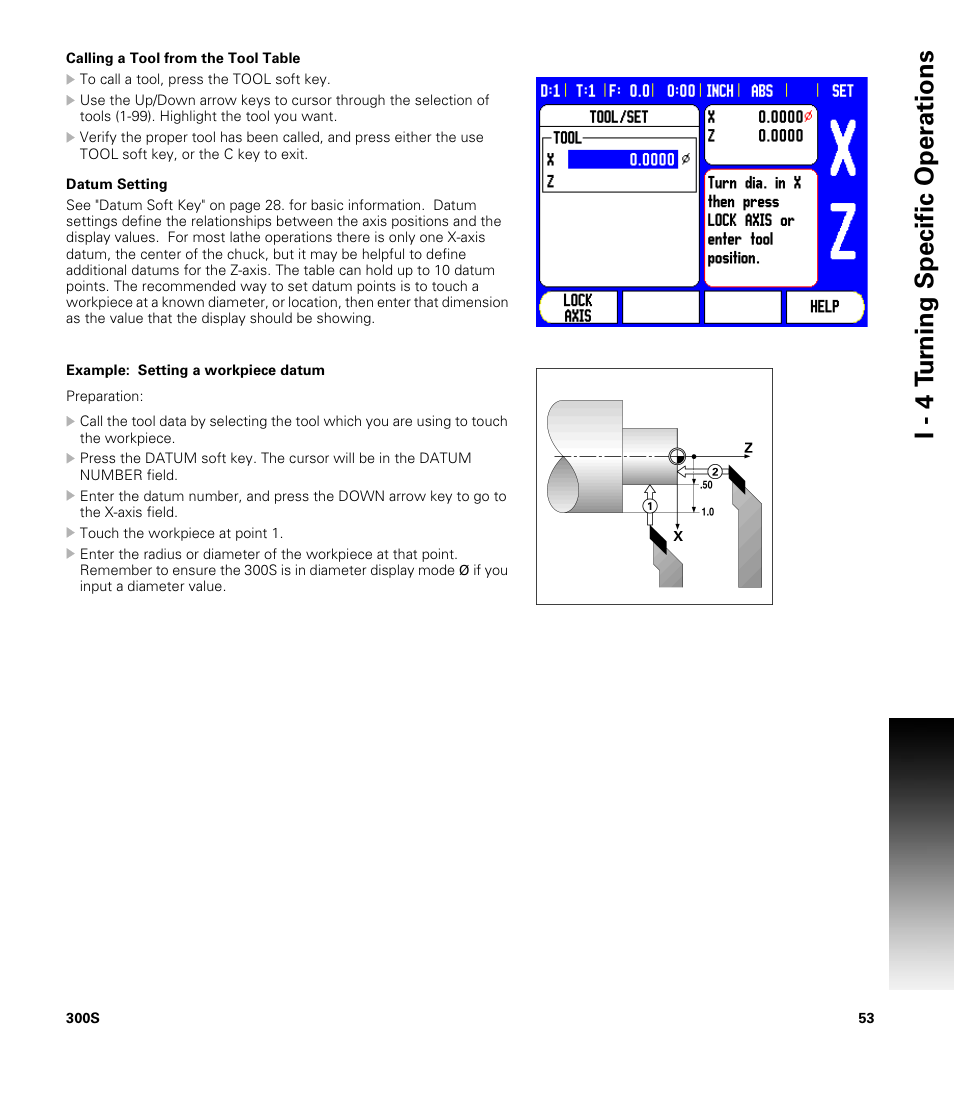 Calling a tool from the tool table, Datum setting, I - 4 t u rn ing specific oper ations | ACU-RITE 300S READOUTS User Manual | Page 67 / 122