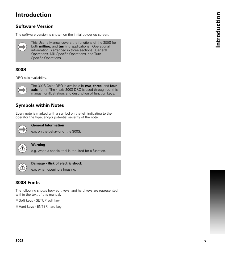 Introduction, Software version, 300s | Symbols within notes, 300s fonts, Intr oduction introduction | ACU-RITE 300S READOUTS User Manual | Page 7 / 122