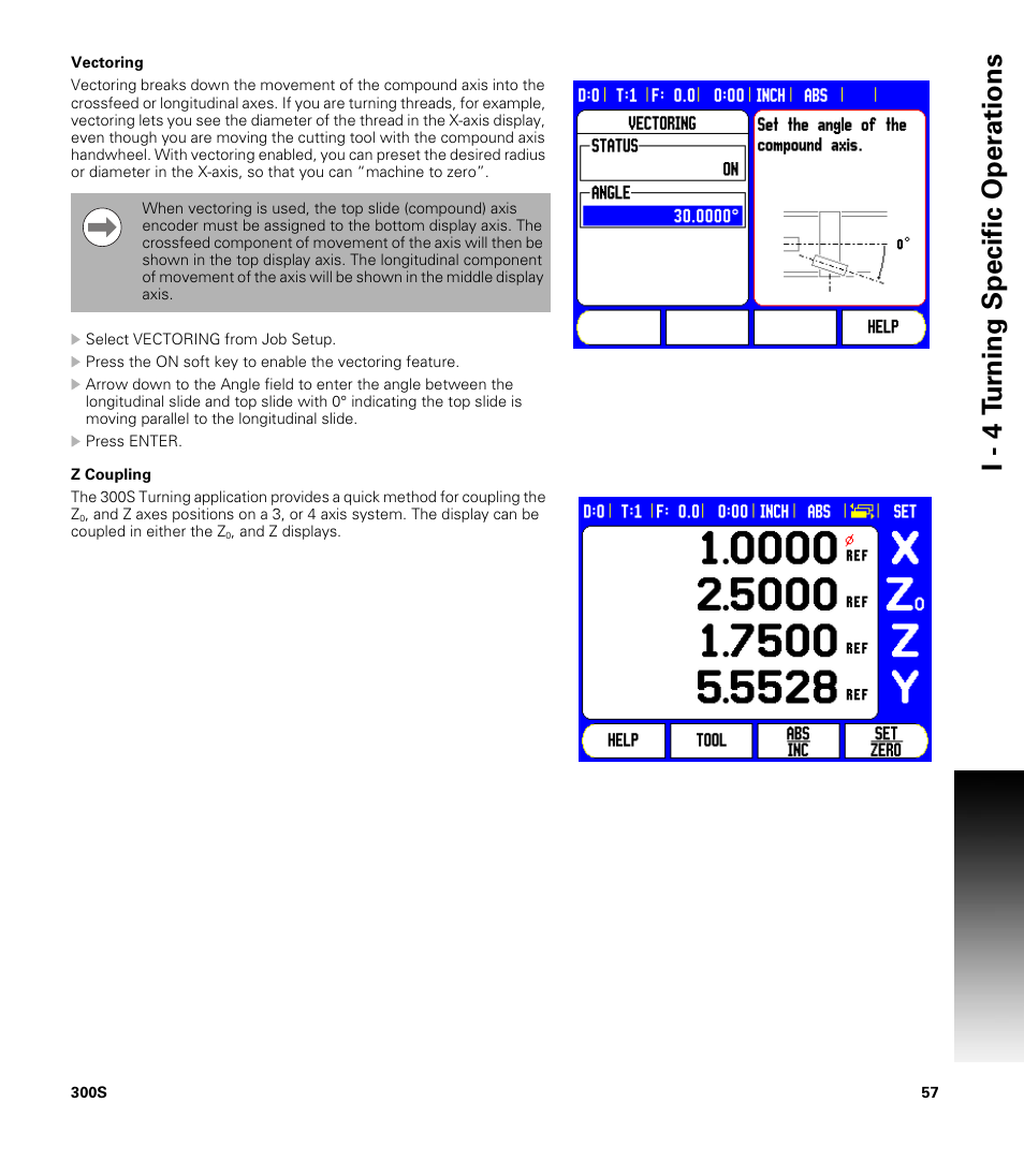 Vectoring, Z coupling, Vectoring z coupling | I - 4 t u rn ing specific oper ations | ACU-RITE 300S READOUTS User Manual | Page 71 / 122
