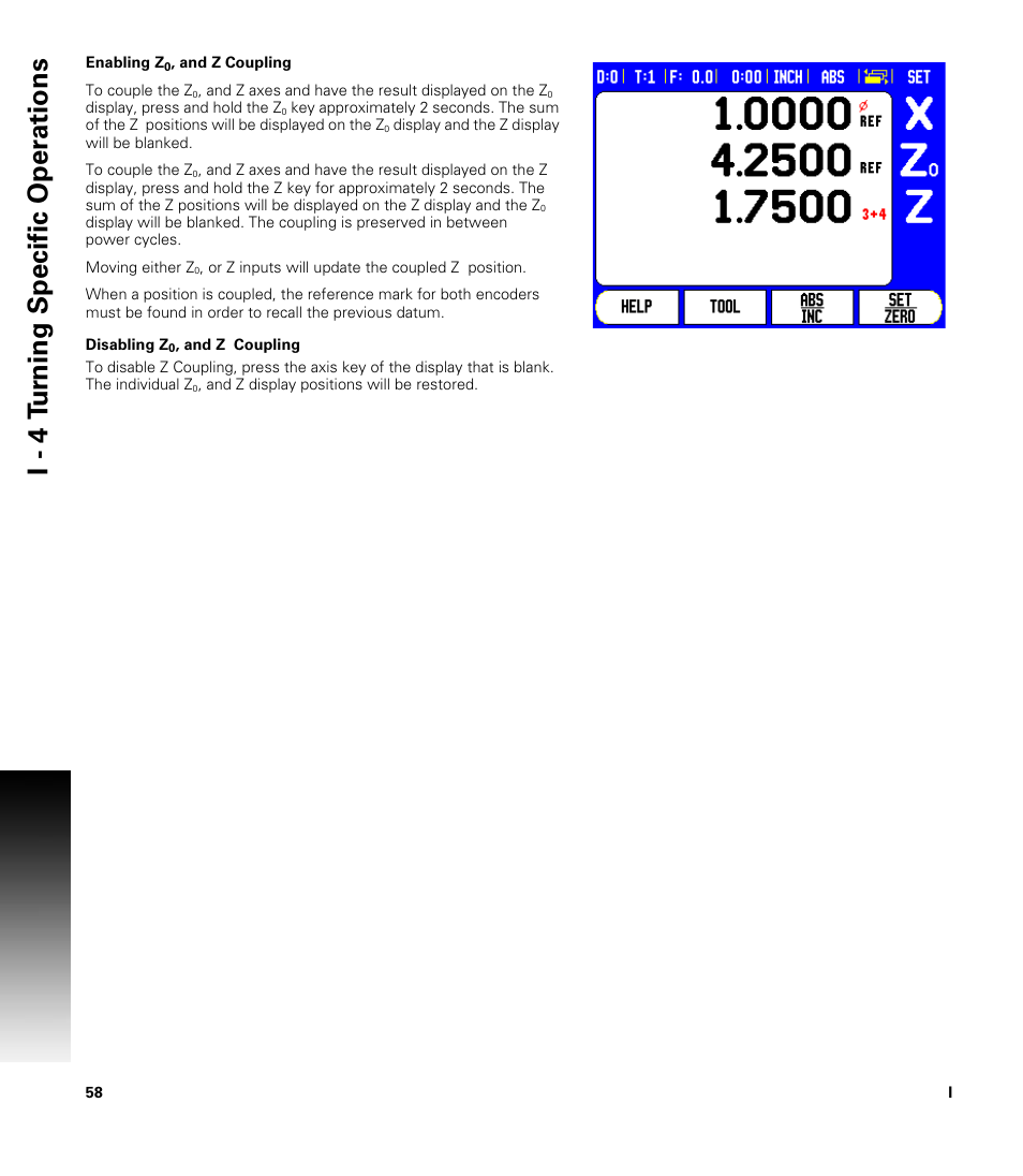 Disabling z0, and z coupling, I - 4 t u rn ing specific oper ations | ACU-RITE 300S READOUTS User Manual | Page 72 / 122