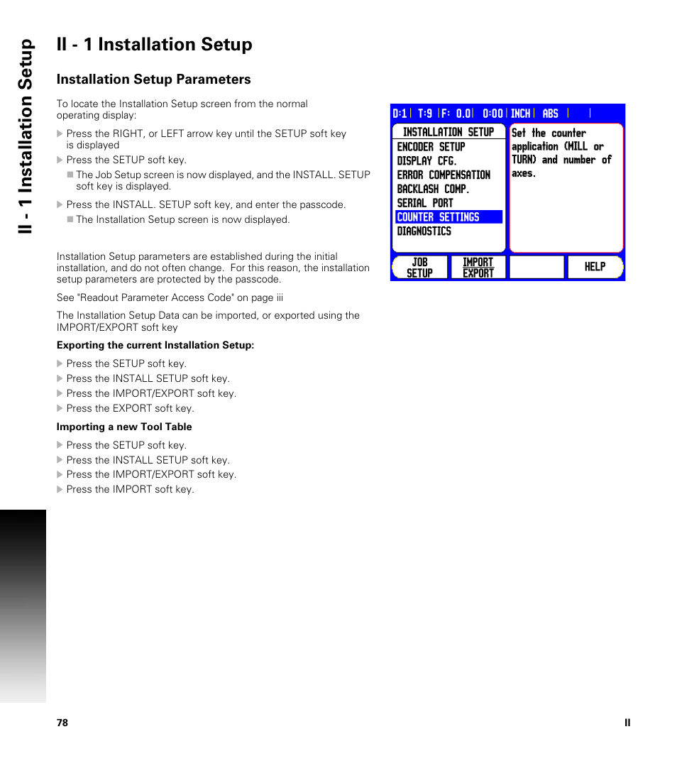 Ii - 1 installation setup, Installation setup parameters | ACU-RITE 300S READOUTS User Manual | Page 92 / 122