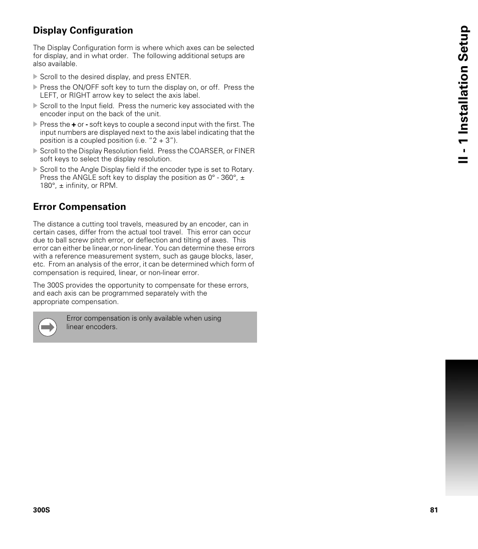 Display configuration, Error compensation, Ii - 1 installation set u p | ACU-RITE 300S READOUTS User Manual | Page 95 / 122