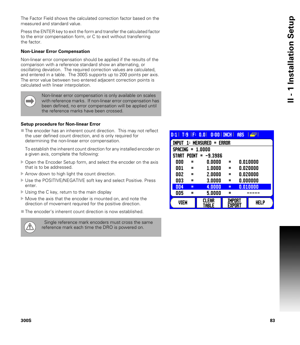 Non-linear error compensation, Setup procedure for non-linear error, Ii - 1 installation set u p | ACU-RITE 300S READOUTS User Manual | Page 97 / 122