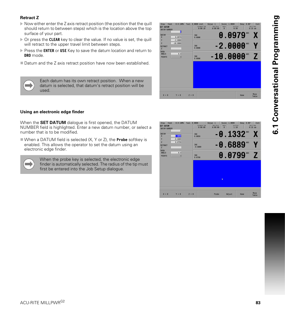 Retract z, Using an electronic edge finder, Retract z using an electronic edge finder | 1 con v ersational pr ogr a mming | ACU-RITE MILLPWRG2 User Manual | Page 101 / 214