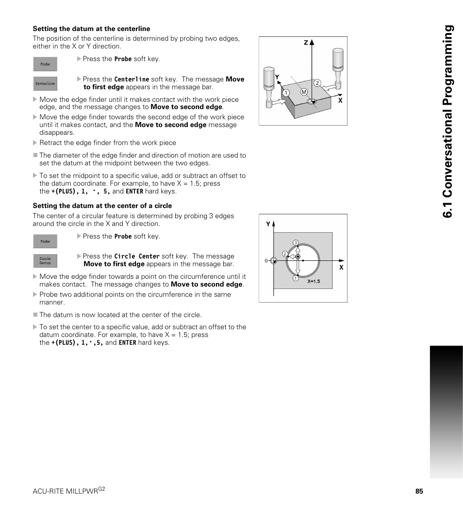 Setting the datum at the centerline, Setting the datum at the center of a circle, 1 con v ersational pr ogr a mming | ACU-RITE MILLPWRG2 User Manual | Page 103 / 214