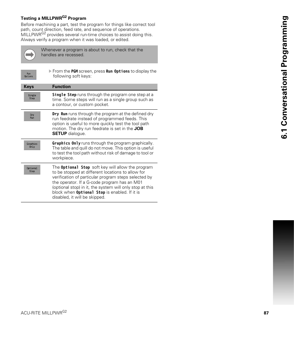 Testing a millpwrg2 program, Testing a millpwr, 1 con v ersational pr ogr a mming | ACU-RITE MILLPWRG2 User Manual | Page 105 / 214