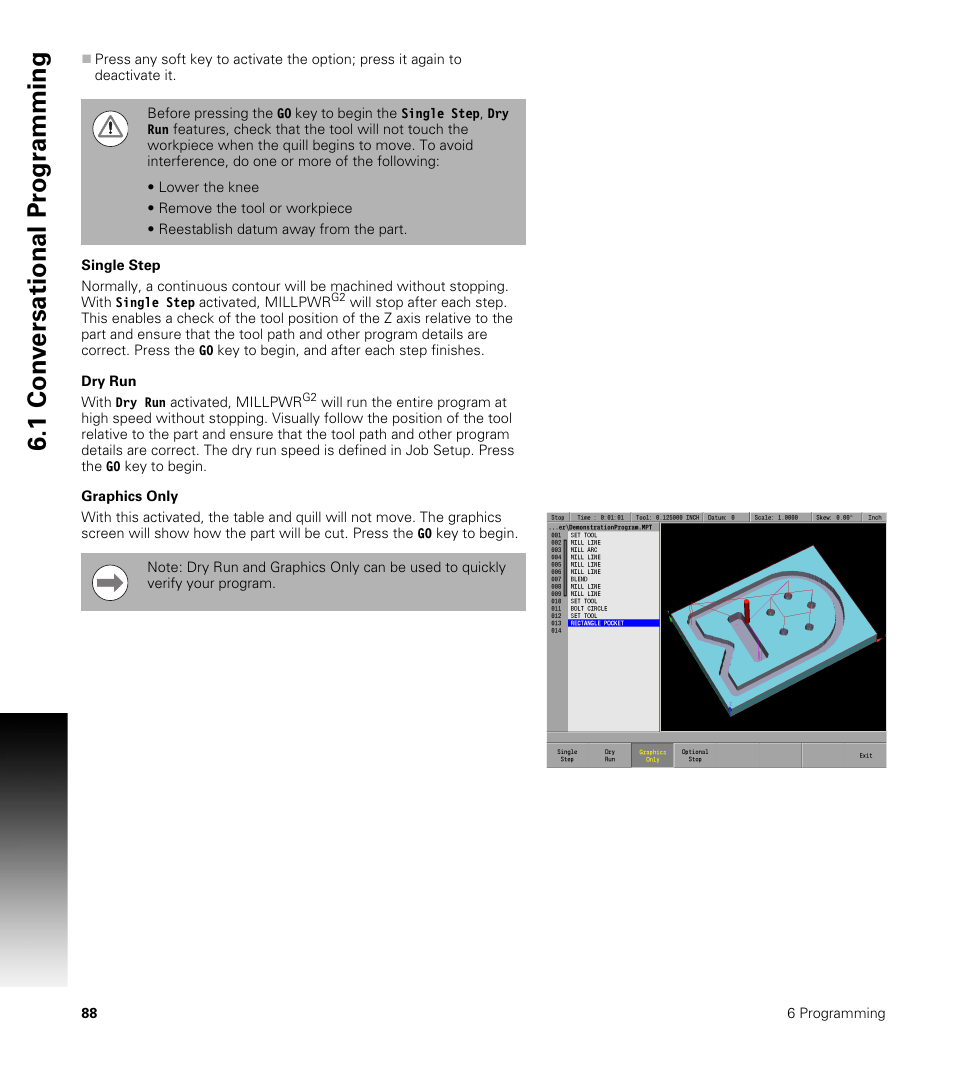 Single step, Dry run, Graphics only | Single step dry run graphics only, 1 con v ersational pr ogr a mming | ACU-RITE MILLPWRG2 User Manual | Page 106 / 214