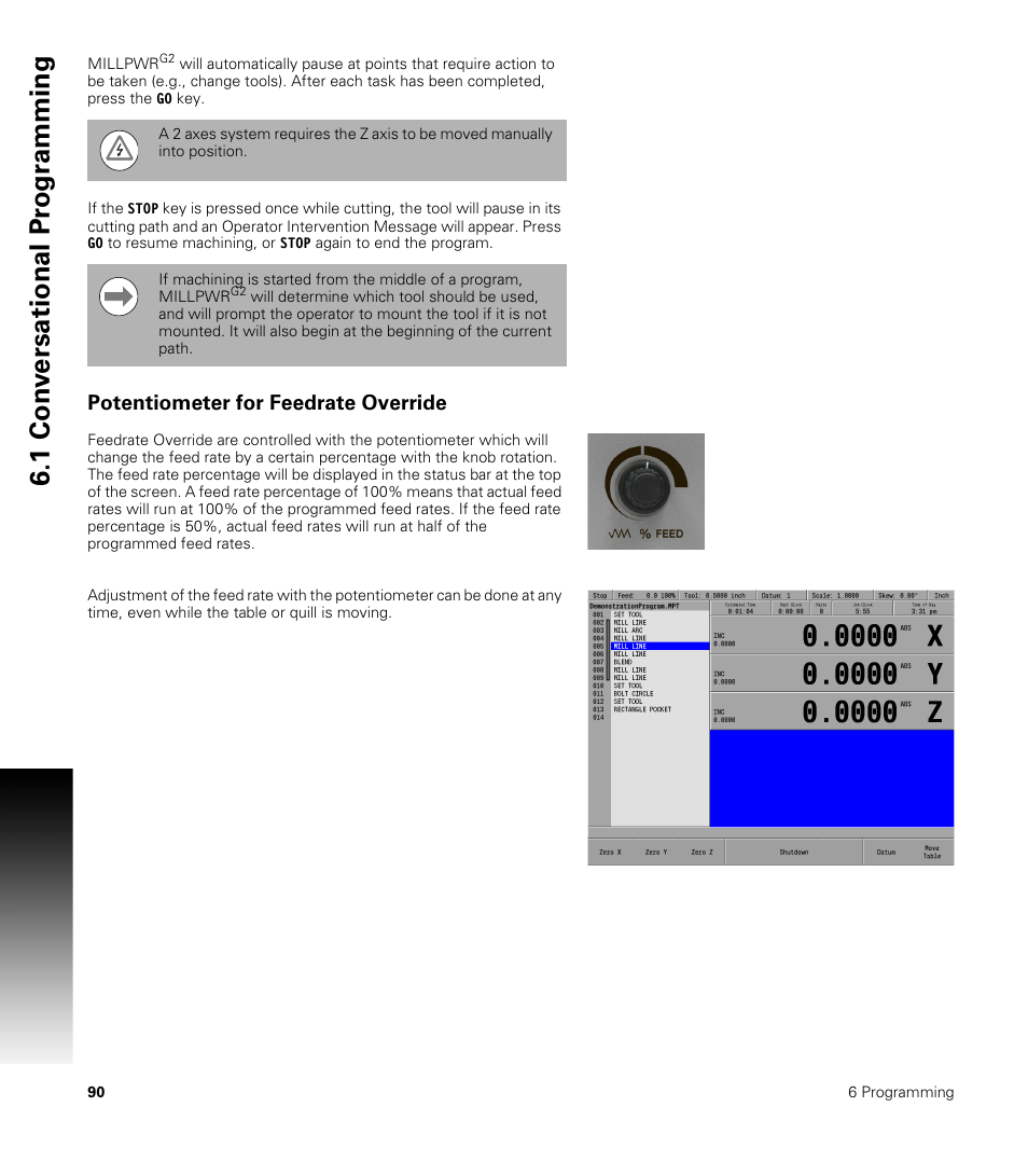 Potentiometer for feedrate override, 1 con v ersational pr ogr a mming | ACU-RITE MILLPWRG2 User Manual | Page 108 / 214